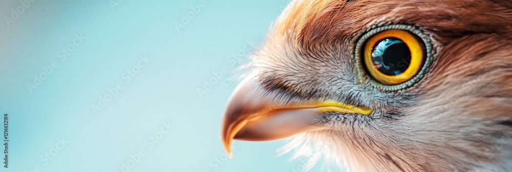 Close up profile view of a kestrel falcon, showcasing its intense yellow eye, sharp beak, and detailed plumage against a blurred blue background, capturing the essence of a powerful predator