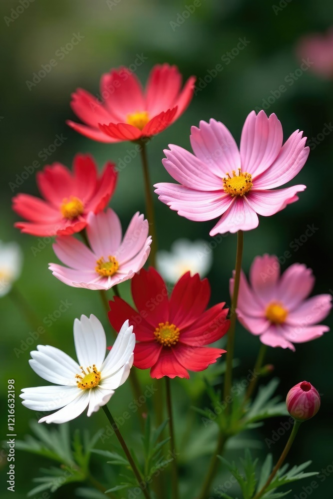 Fototapeta premium Blooming cosmos flowers in a garden with red and white petals, floral, botanical