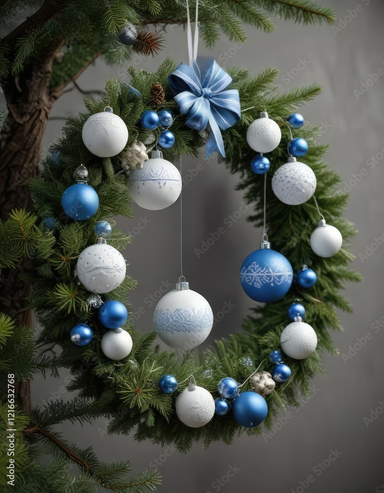 Blue and white ornaments hanging from a fir branch Christmas wreath , christmas wreath, seasonal flowers, greenery Blue and white ornaments hanging from a fir branch Christmas wreath , christmas wreath, seasonal flowers, greenery
