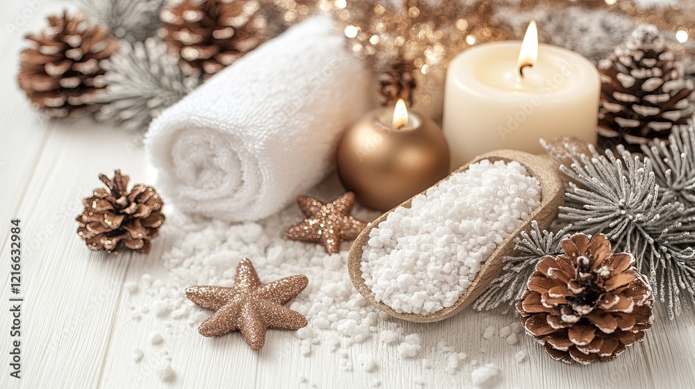 Enjoy a tranquil moment with white towels, flickering candles, and sea salt surrounded by beautiful flowers on a serene background Enjoy a tranquil moment with white towels, flickering candles, and sea salt surrounded by beautiful flowers on a serene background