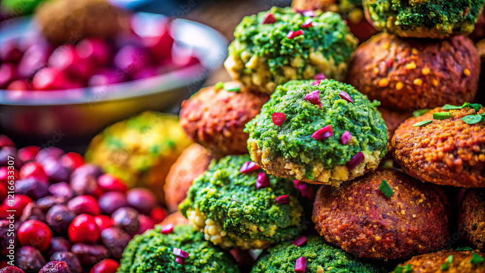 Delicious falafel stacked high, showcasing vibrant colors and textures Delicious falafel stacked high, showcasing vibrant colors and textures