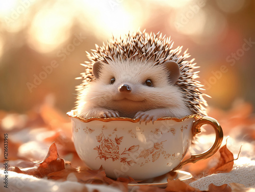 Cute baby hedgehog resting elegant teacup tiny paws spiky fur whimsical animal design heartwarming art card action figure pet toy cup home decor wallpaper woodland cafe model small sorrel storytelling photo