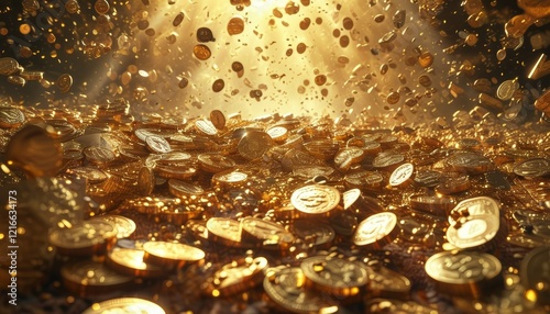 Gold coins falling from above form a large pile of gold coins, which creates an effect of wealth and abundance. The overall atmosphere looks bright and impressive, emphasizing the theme of money