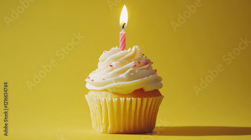 Delicious birthday cupcake topped with a lit candle on a vibrant yellow background, perfect for a party celebration or festive birthday theme photo