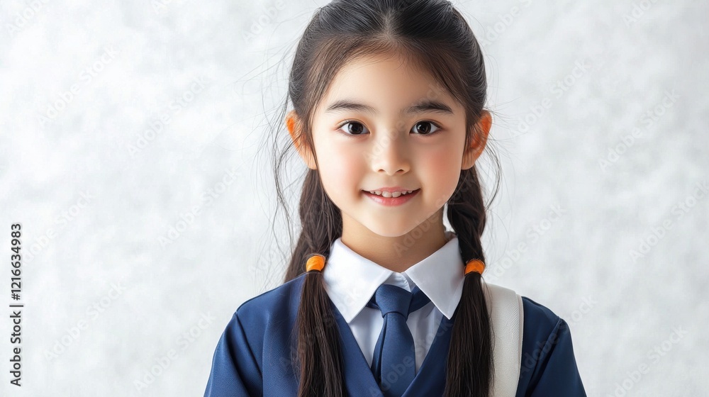 Young girl wearing a school uniform poses with a bright smile in a minimalist indoor setting with soft lighting Young girl wearing a school uniform poses with a bright smile in a minimalist indoor setting with soft lighting