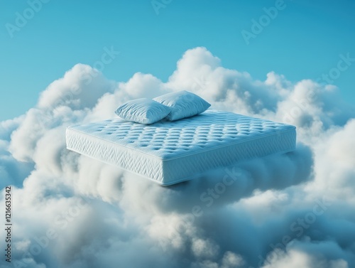 comfortable mattress and pillows floating on clouds in a blue sky, perfect sleep concept