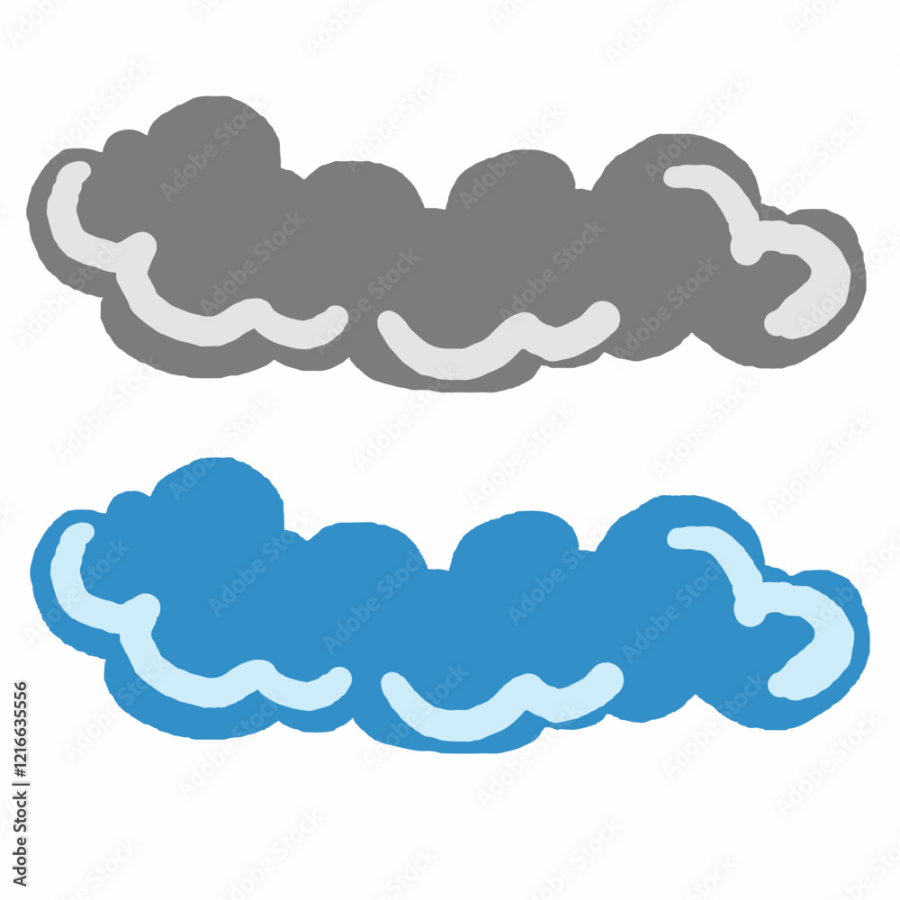 Illustrative Depiction of Grey and Blue Cartoon Clouds with Fluid Designs Illustrative Depiction of Grey and Blue Cartoon Clouds with Fluid Designs
