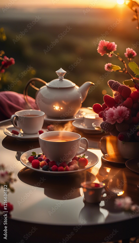 custom made wallpaper toronto digitalElegant tea presentation displayed on a charming balcony, surrounded by rose petals and fruits while enjoying a serene sunset view.