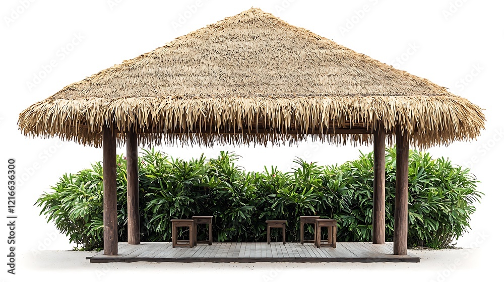 Tropical Thatch Roof Gazebo with Wooden Stools and Lush Greenery. Tropical Thatch Roof Gazebo with Wooden Stools and Lush Greenery.