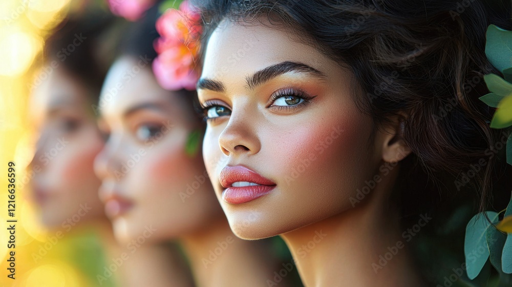 Obraz premium Beautiful model with vibrant makeup and flowers in her hair poses in a lush outdoor setting during golden hour with blurred faces of other models softly visible in the background