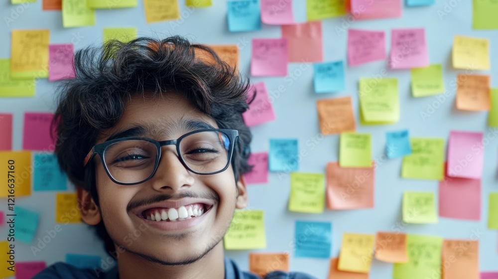 Fototapeta premium Smiling young boy with glasses in front of colorful sticky notes in a bright learning environment