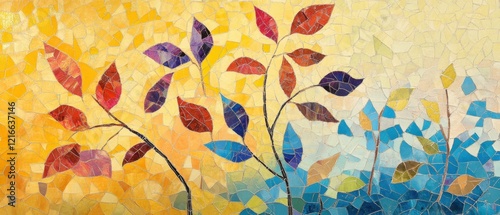 colorful mosaic art of leaves and branches on a yellow and blue background