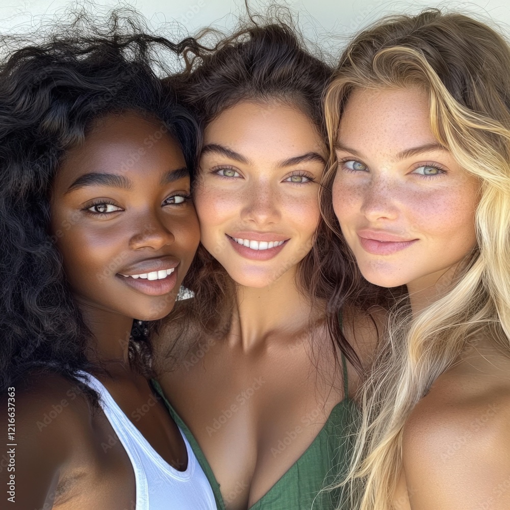 three diverse models smile for a beauty campaign three diverse models smile for a beauty campaign