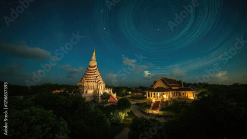 Breathtaking view of Wat Pa Phu Kon temple with swirling clouds under the starry night sky, stars, Wat Pa Phu Kon photo