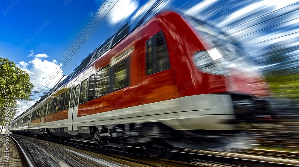 Naklejka premium Highspeed train speeding through scenic landscape under a vibrant blue sky. Dynamic motion blur captures the energy of modern rail travel. Ideal for transportation, speed, and travel concepts.