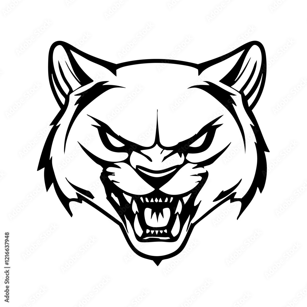Obraz premium Fierce snarling wildcat head illustration in black and white, perfect for logos, mascots, and graphic design projects. Vector illustration