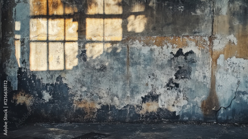 Obraz premium Abandoned industrial space with peeling walls and shadows cast by a window at sunset