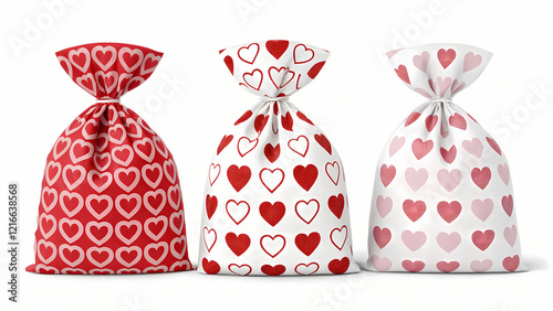 This image features a set of three gift or treat bags, each adorned with a heart pattern, presented against a clean white background. 