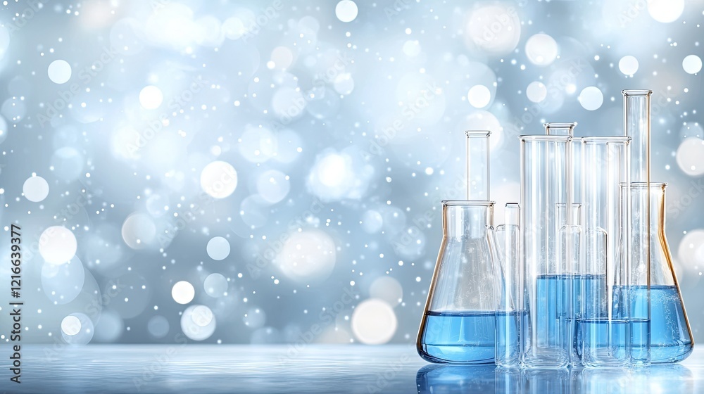 Beakers and test tubes filled with blue liquid signify innovative research in a food science laboratory focused on biomedical advancements Beakers and test tubes filled with blue liquid signify innovative research in a food science laboratory focused on biomedical advancements