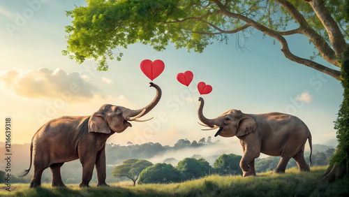This image portrays a heartwarming and whimsical scene of two elephants in a natural landscape, expressing their affection through heart-shaped balloons. 