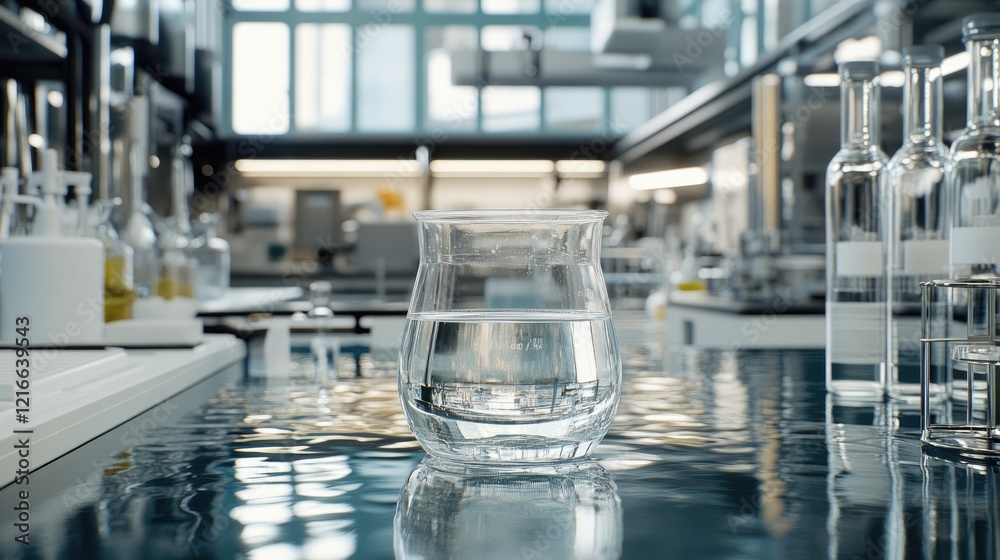 Fototapeta premium Beakers and test tubes filled with blue liquid signify innovative research in a food science laboratory focused on biomedical advancements