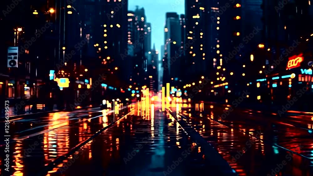 Cityscape illuminated by glowing lights after rain