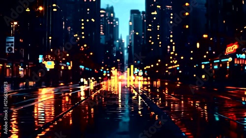 Cityscape illuminated by glowing lights after rain