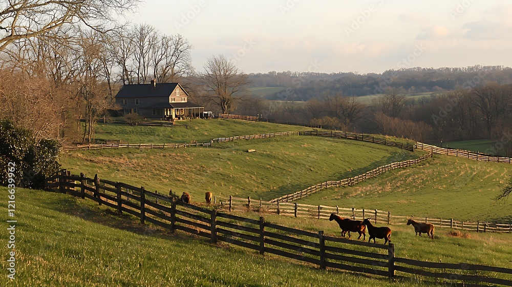 Obraz premium Horses graze near farmhouse on rolling hills in rural landscape