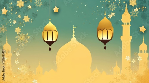 Golden Lanterns and Mosque Silhouette Against a Dreamy Green Background