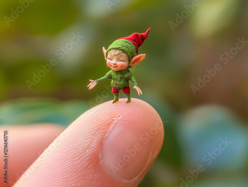 world smallest elf perched fingertip dressed festive colors intricate detail whimsical scene magical miniature action figure cartoon comic toy plush kid art fiction pet dwarf fairy goblin gnome garden photo