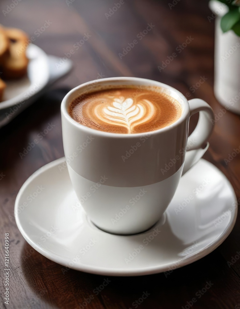 Cappuccino in a white ceramic cup with saucer on a dark wooden table, wood, coffee, warm Cappuccino in a white ceramic cup with saucer on a dark wooden table, wood, coffee, warm