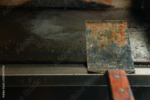 A dirty stainless steel spatula resting on a flat griddle, dirty kitchen concept