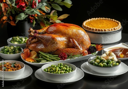 Wallpaper Mural Beautifully Arranged Thanksgiving Feast Featuring Golden Roasted Turkey with Seasonal Sides Including Brussels Sprouts, Green Beans, and Pumpkin Pie Torontodigital.ca