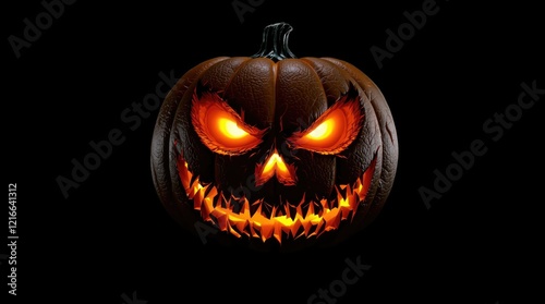 Carved pumpkin face with eerie smile on black background, orange, ghostly, jack o lantern photo