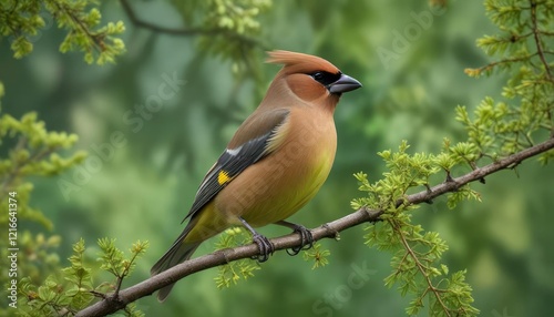 Cedar waxwing perched on a twig with vibrant green plumage and a prominent crown , Bird perched, Cedar waxwing