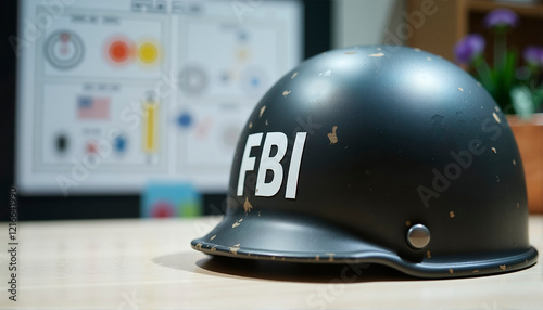 FBI helmet on wooden table with background graphics photo