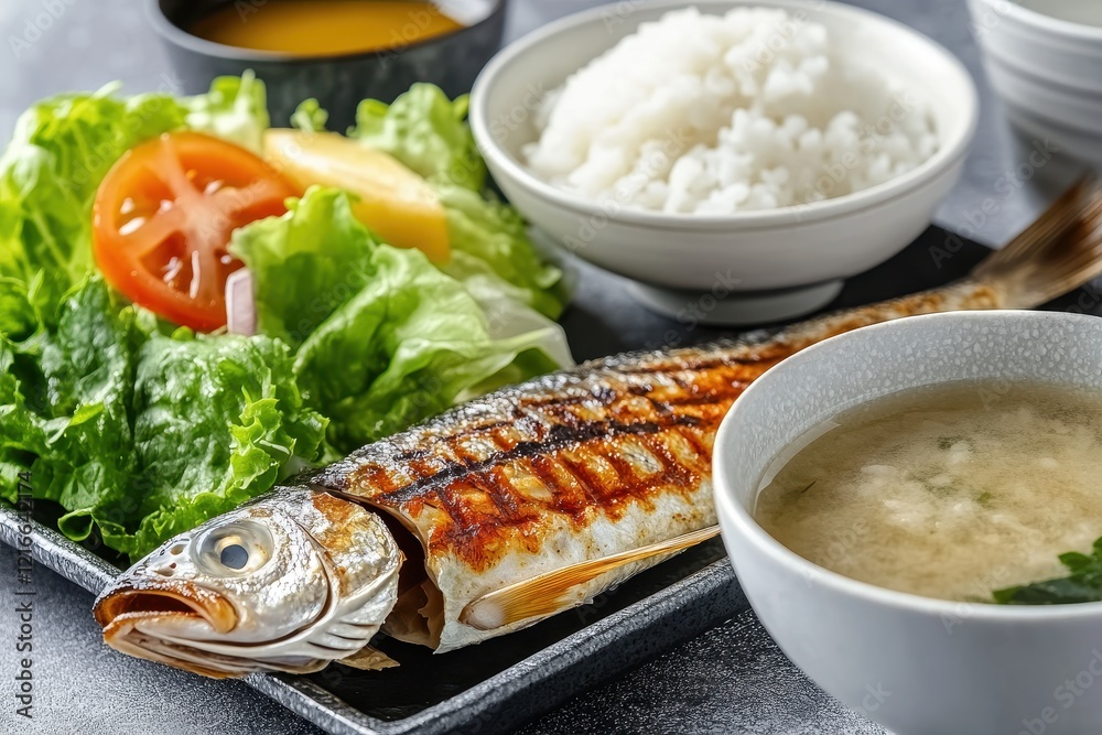 Grilled fish, rice, salad, miso soup, table setting Grilled fish, rice, salad, miso soup, table setting