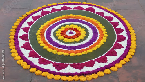 Colorful rangoli pattern with floral designs on the floor for festive celebration photo