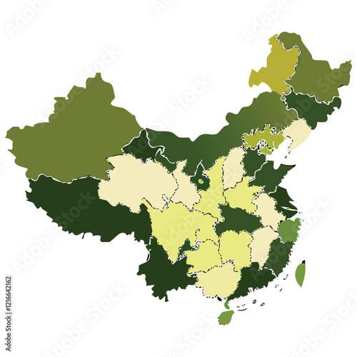 This map visually represents the provinces of China, differentiated by shades of green and beige