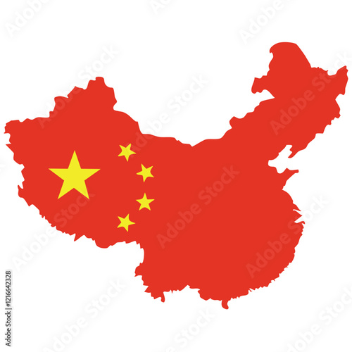 A simple, outlined map of China, colored in the national flag's red and displaying the Chinese flag emblem (five yellow stars) prominently