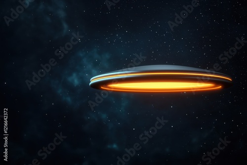Floating airborne smooth concept. Futuristic spacecraft hovering in a starry cosmos, emitting a vibrant orange glow.