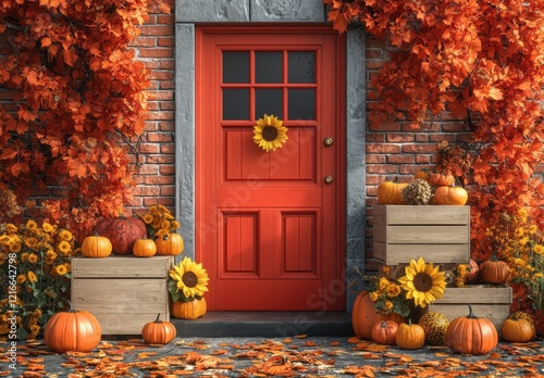 Charming Autumn Doorway Surrounded by Vibrant Orange Leaves, Colorful Pumpkins, and Sunflowers, Perfect for Seasonal Decor and Fall Inspiration photo