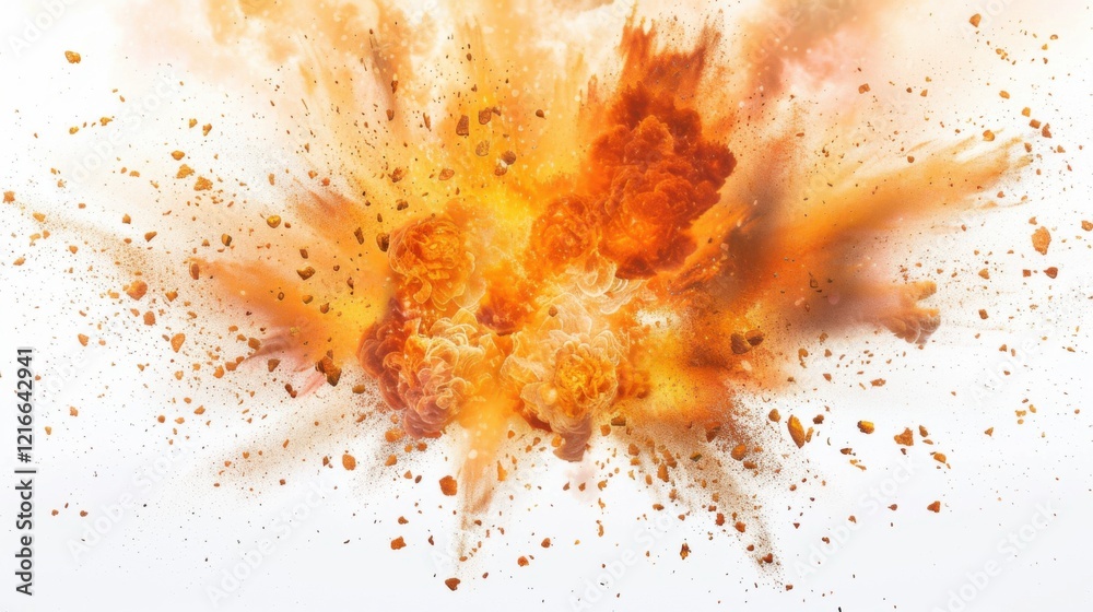 A dramatic explosion with a fiery orange-yellow hue the explosion is centered and appears to be in motion with smoke and debris flying outward A dramatic explosion with a fiery orange-yellow hue the explosion is centered and appears to be in motion with smoke and debris flying outward