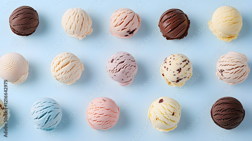 Scoops of various ice cream flavors arranged on blue background. National Ice Cream Day