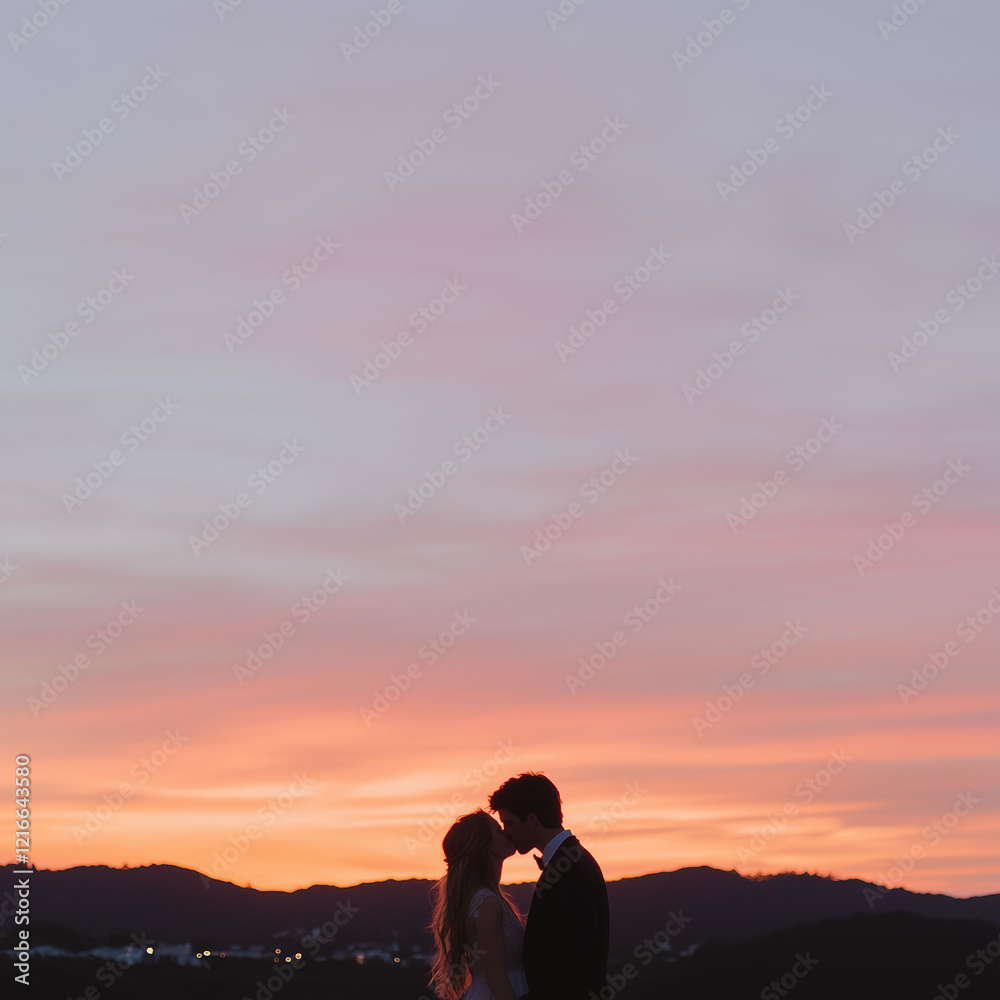 Fototapeta premium A silhouette of a couple kissing under a vibrant sunset