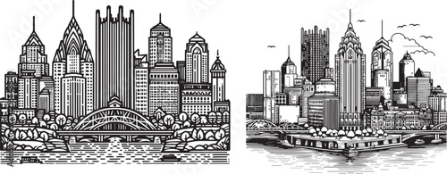 Outline Pittsburgh skyline. Trendy template with Pittsburgh city buildings and landmarks in line style. Stock vector design.	