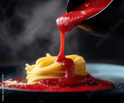 Cooking spaghetti with rich red sauce poured over a delicate serving