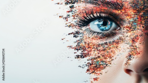 Close up of a woman's blue eye and pixelated skin dissolving into colorful digital fragments, symbolizing the digital age and the impact of technology on our perception of beauty and identity