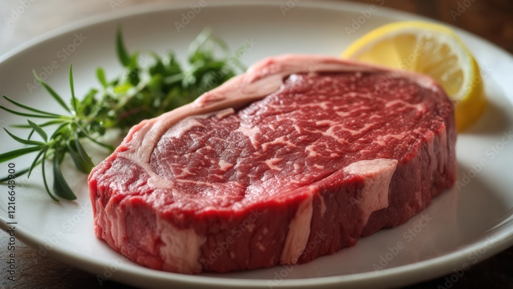 Juicy raw ribeye steak with herbs and lemon on a white plate ready for grilling Juicy raw ribeye steak with herbs and lemon on a white plate ready for grilling