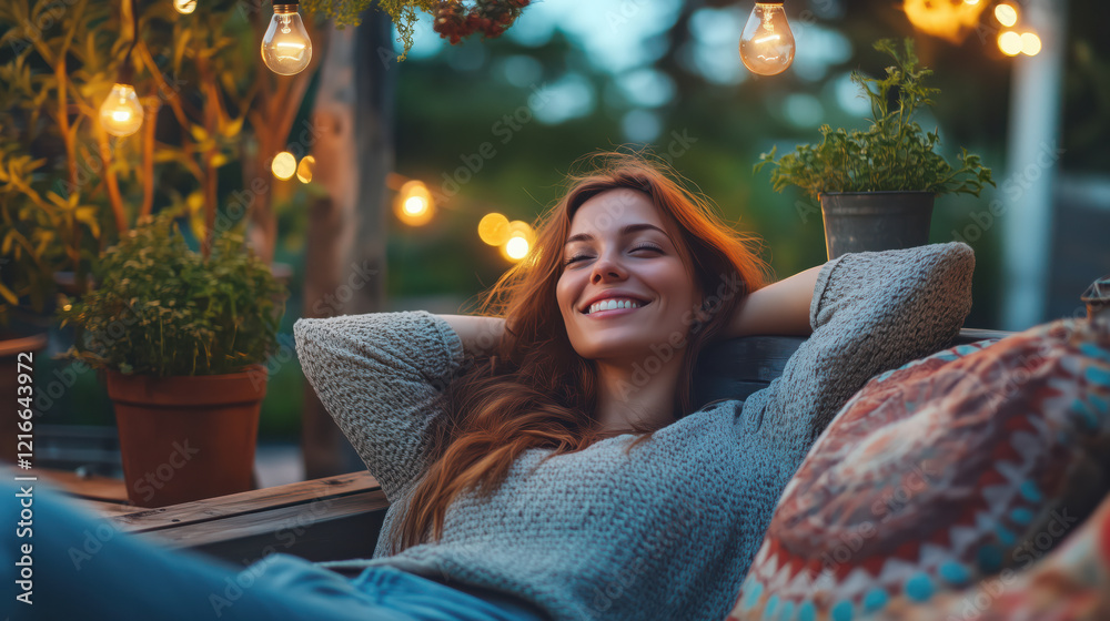 Young smiling woman relaxing on a cozy outdoor terrace among flowers and warm lighting